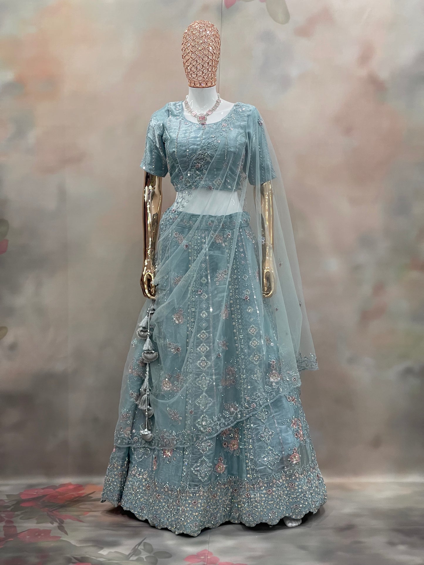 Aqua Mist Embroidered Net Lehenga