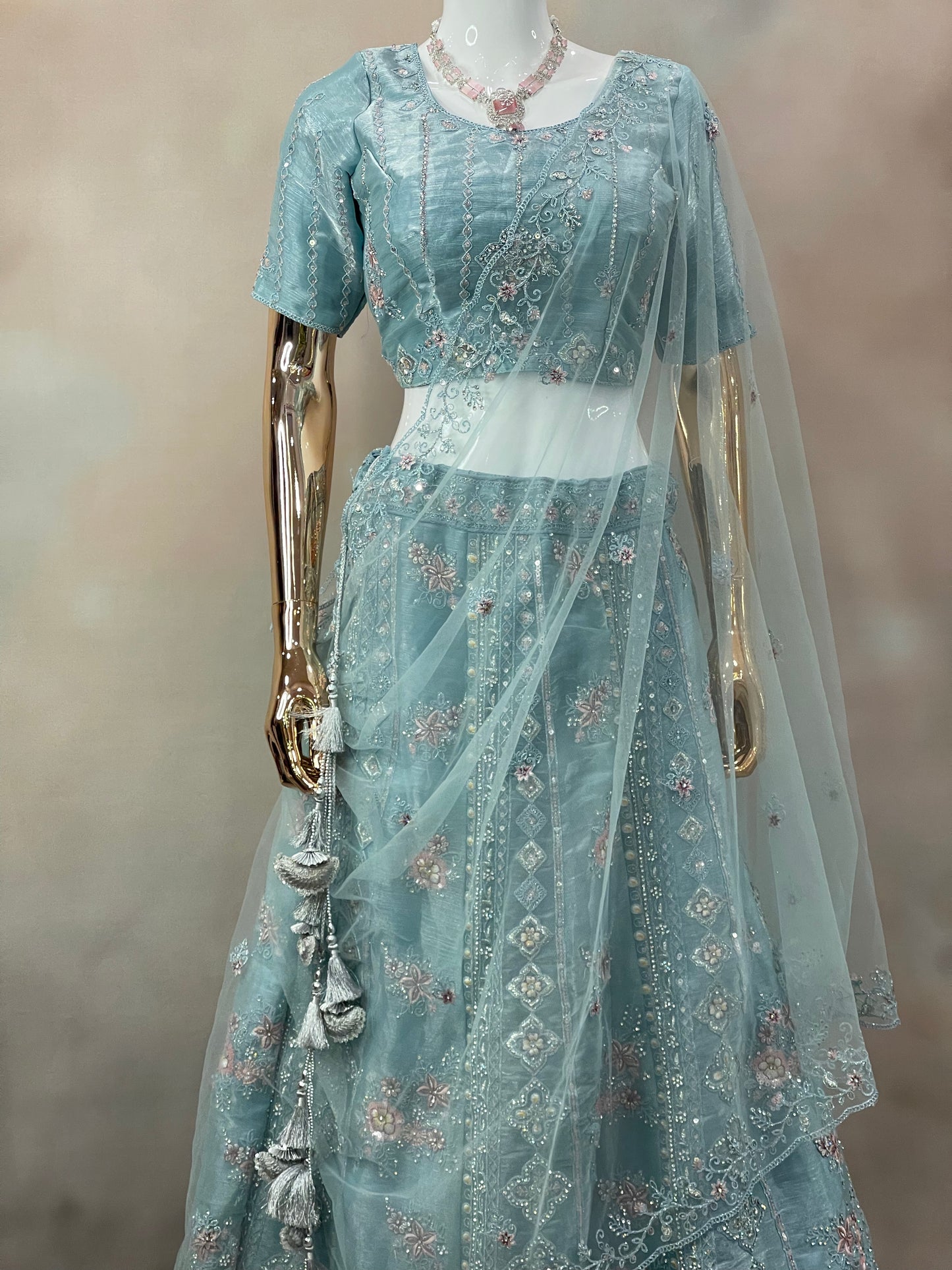 Aqua Mist Embroidered Net Lehenga