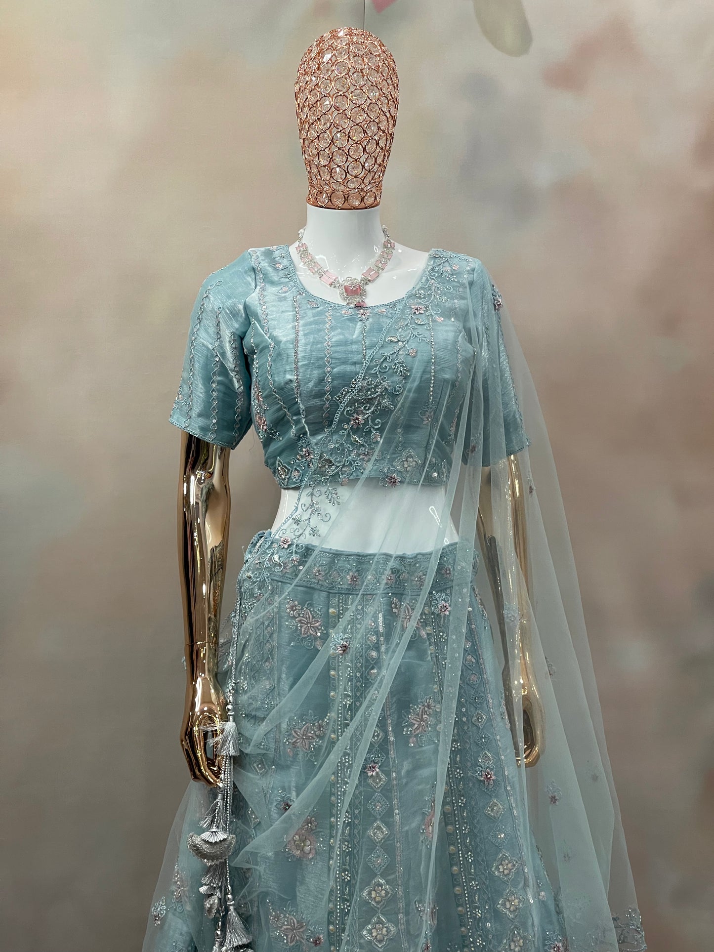 Aqua Mist Embroidered Net Lehenga