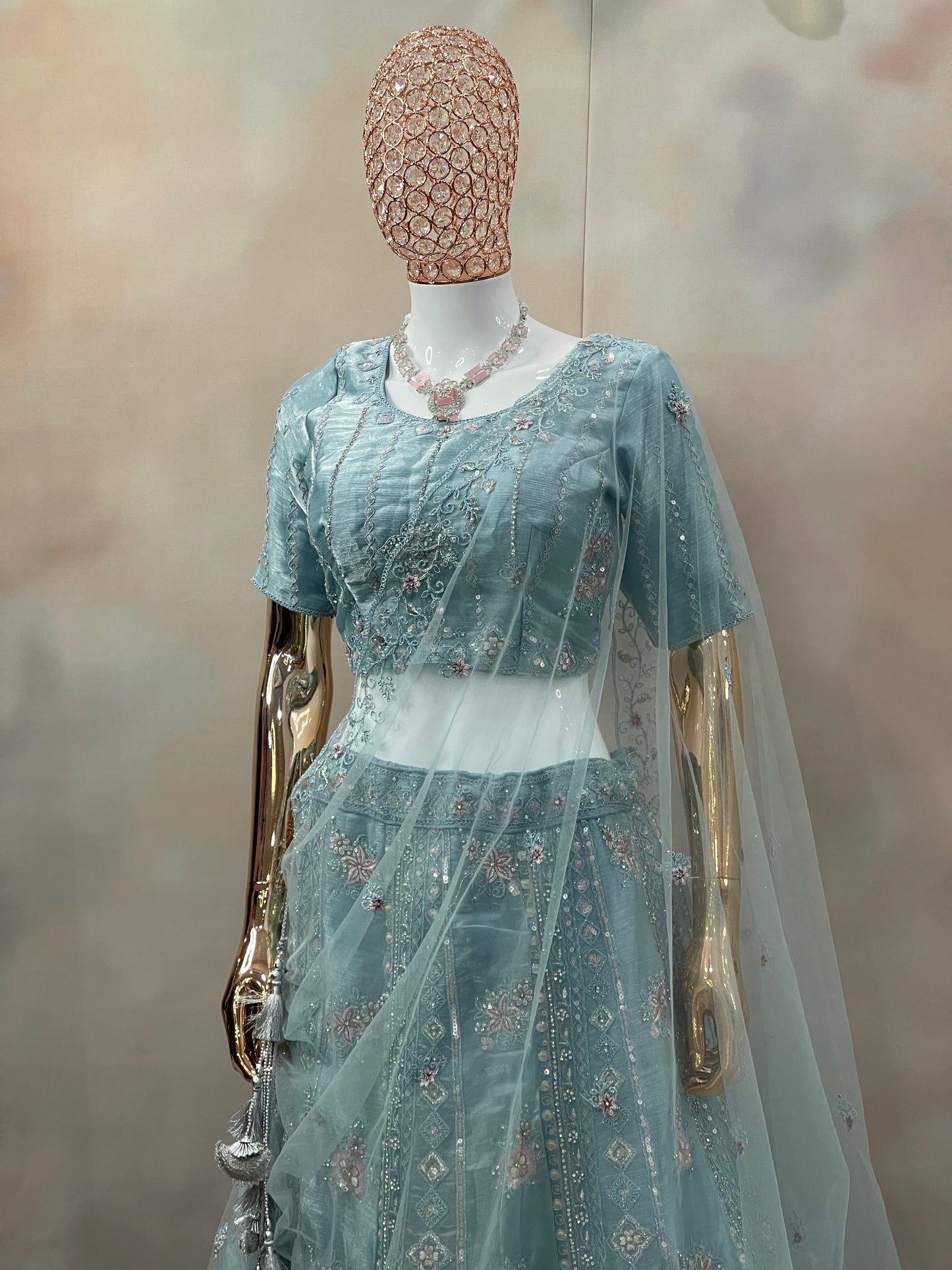 Aqua Mist Embroidered Net Lehenga