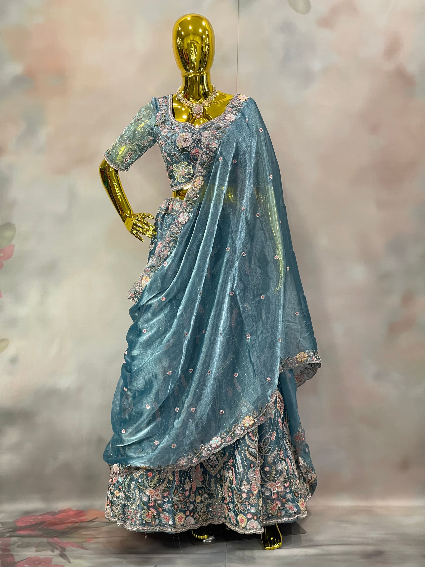 Ocean Bloom – Blue Floral Embroidered Lehenga