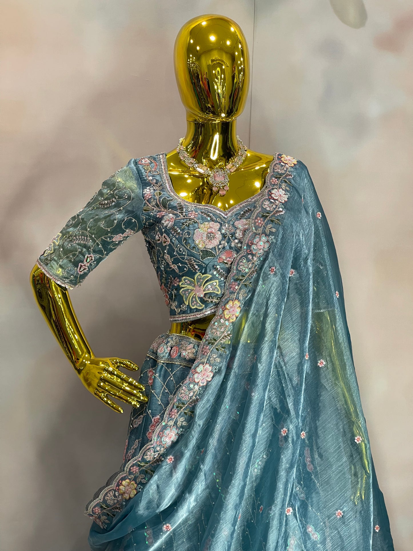 Ocean Bloom – Blue Floral Embroidered Lehenga