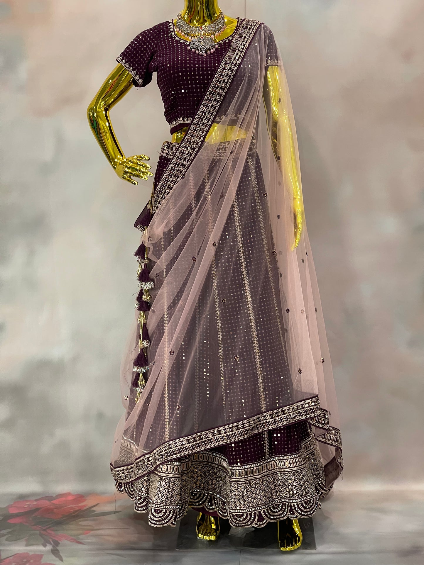 Garnet Glow – Wine Velvet Mirror Work Lehenga Set