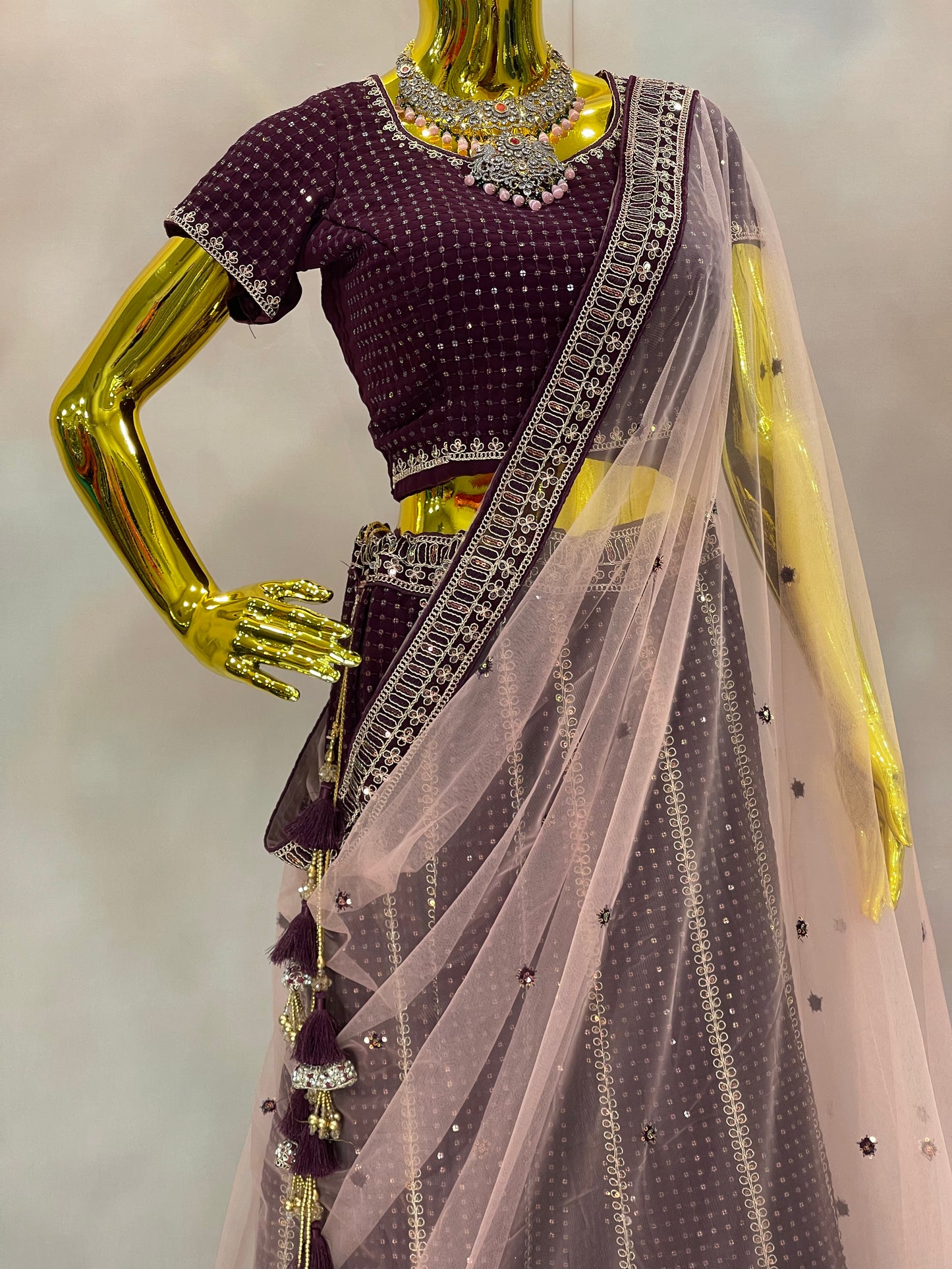 Garnet Glow – Wine Velvet Mirror Work Lehenga Set