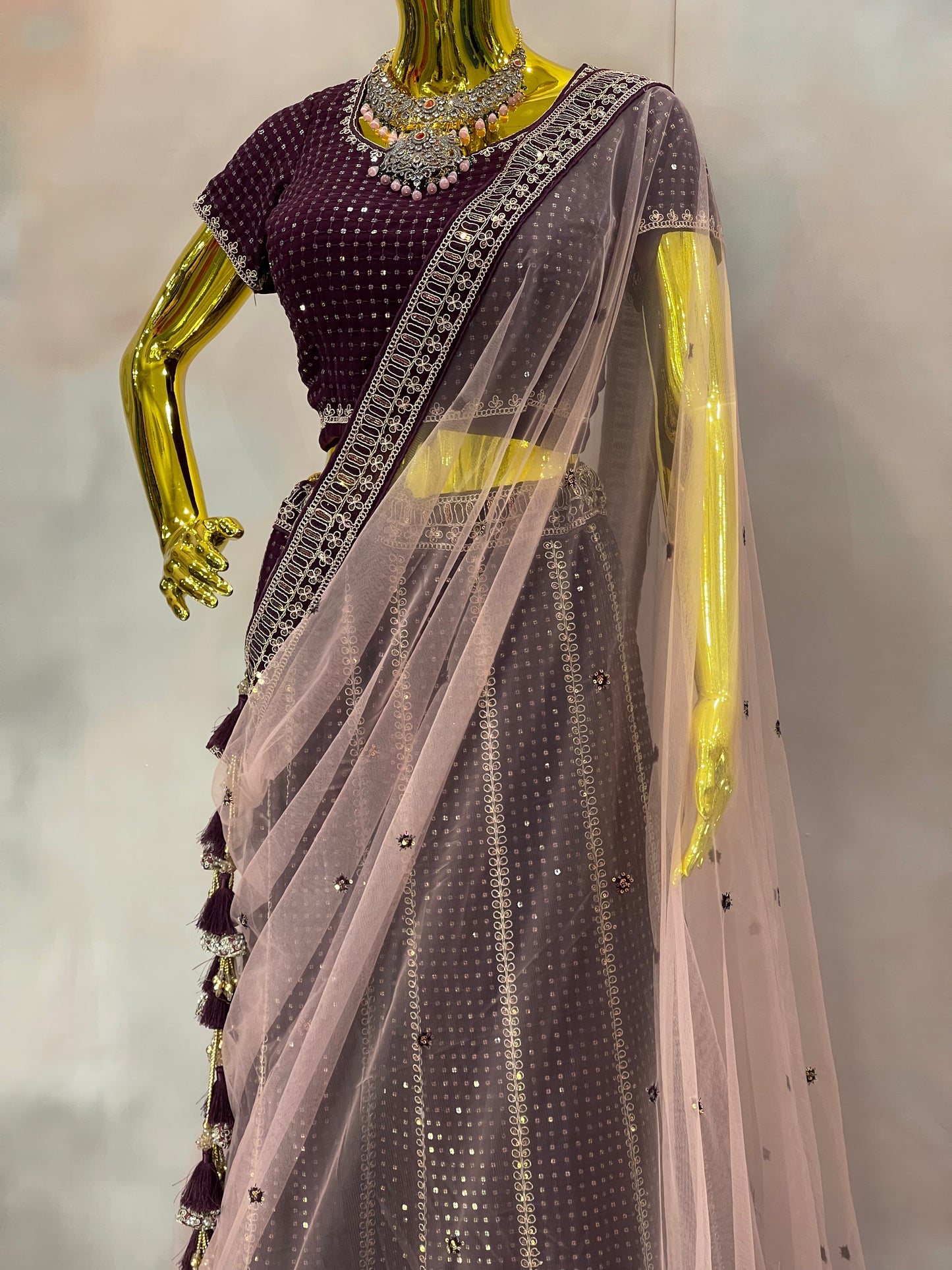 Garnet Glow – Wine Velvet Mirror Work Lehenga Set