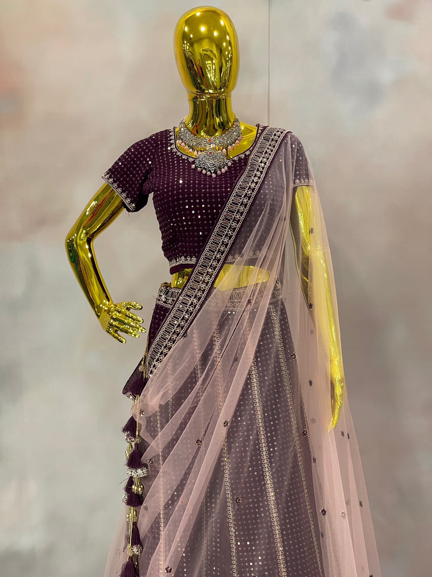 Garnet Glow – Wine Velvet Mirror Work Lehenga Set