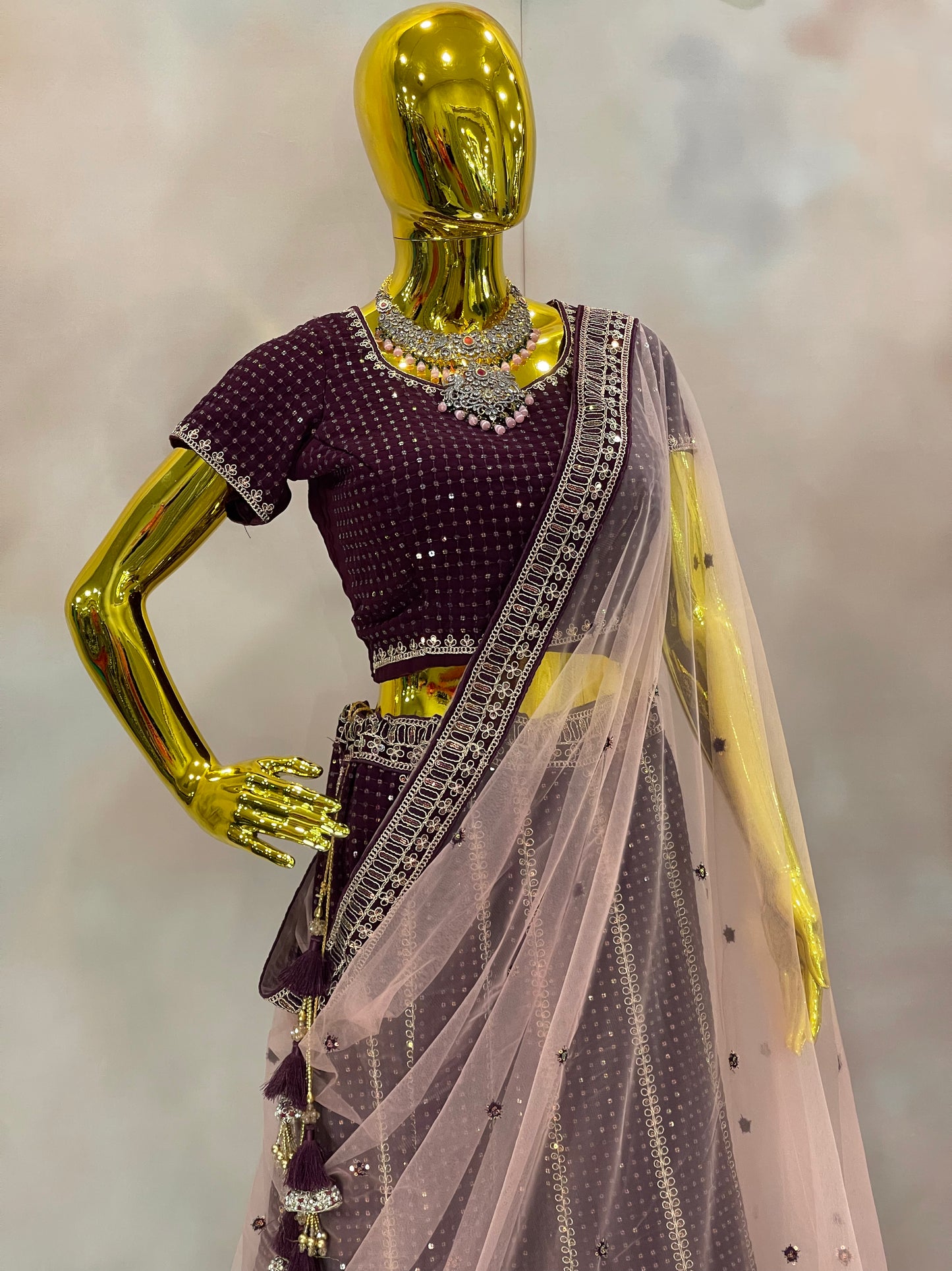 Garnet Glow – Wine Velvet Mirror Work Lehenga Set