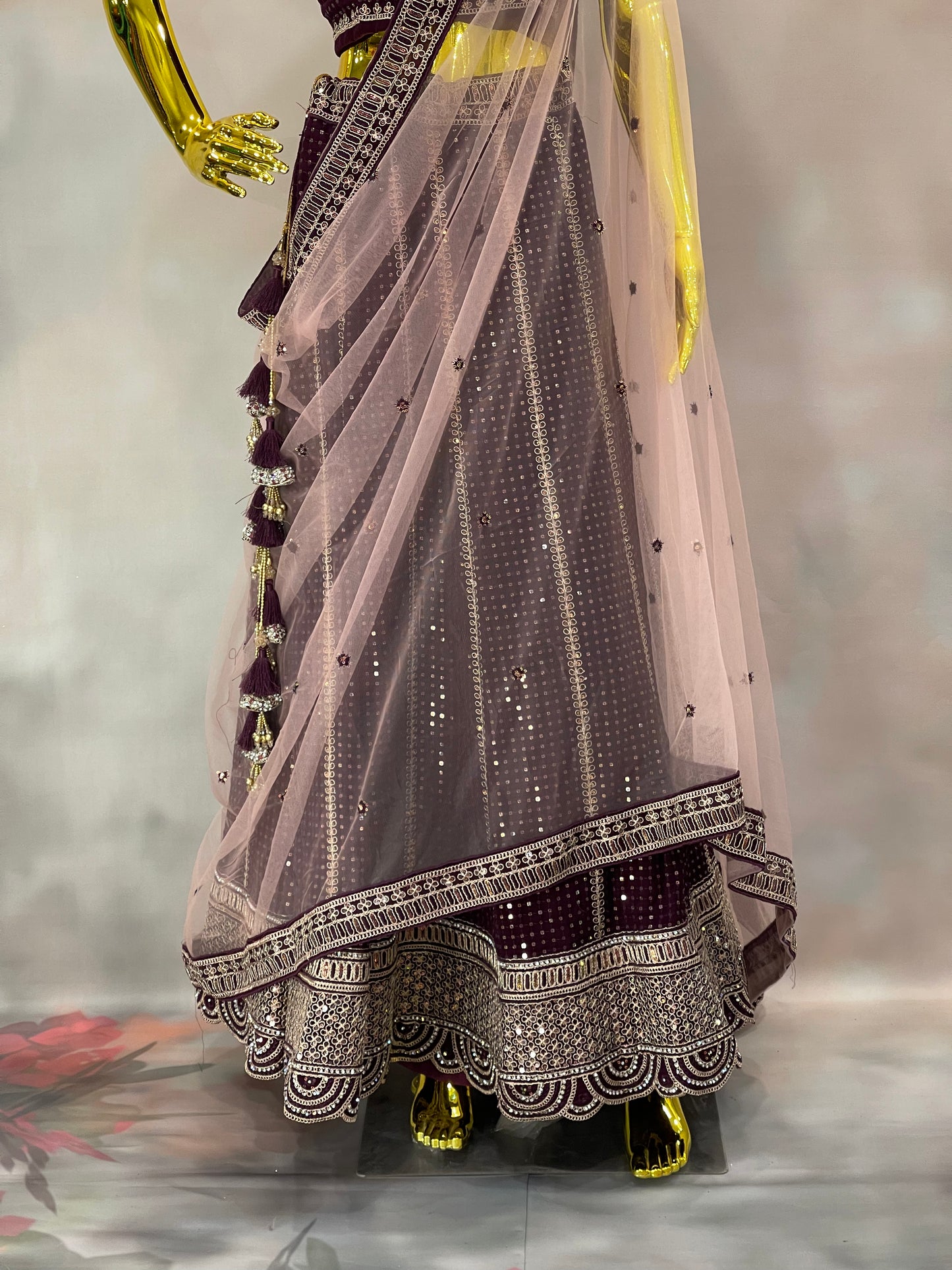 Garnet Glow – Wine Velvet Mirror Work Lehenga Set