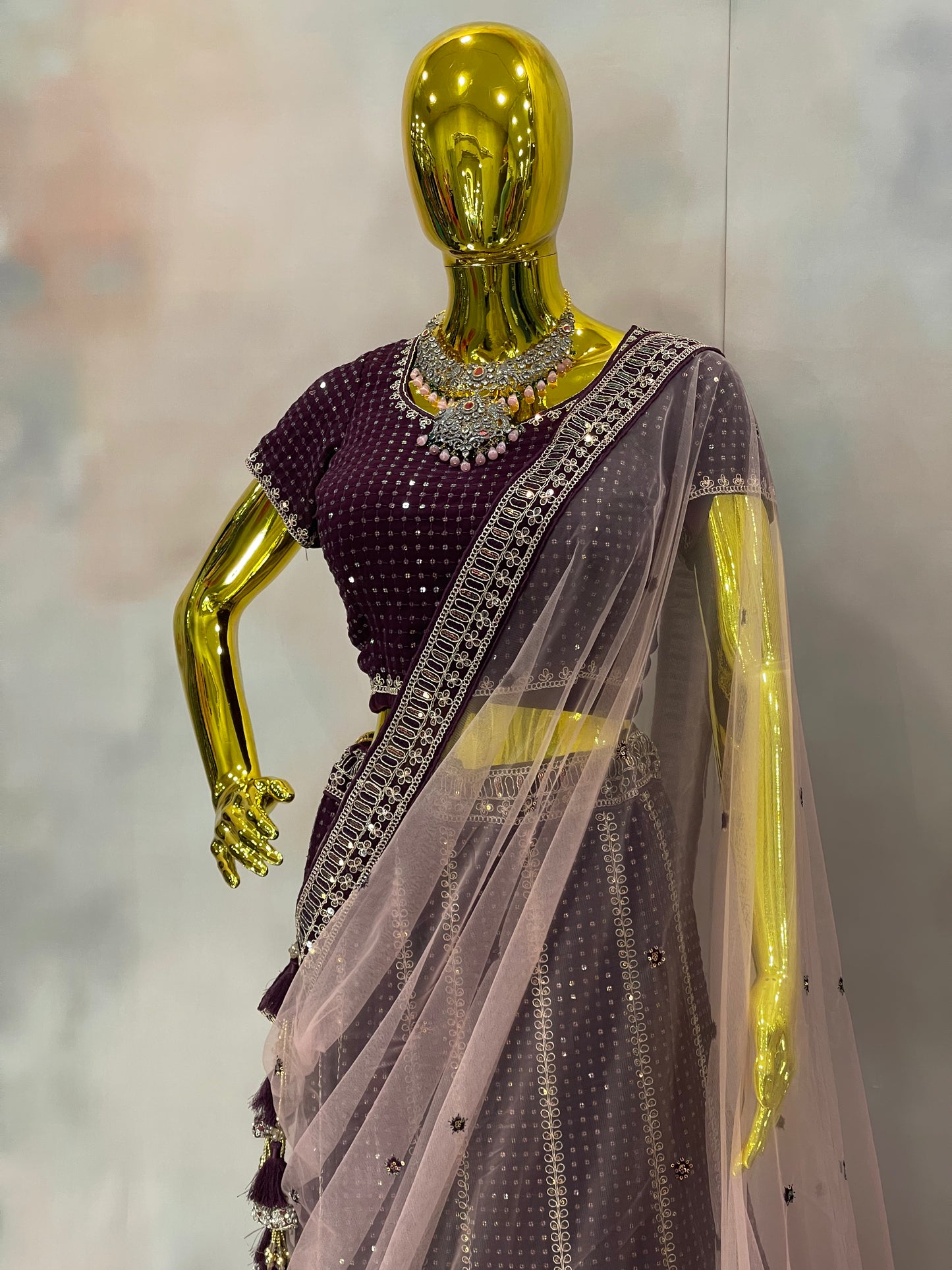 Garnet Glow – Wine Velvet Mirror Work Lehenga Set
