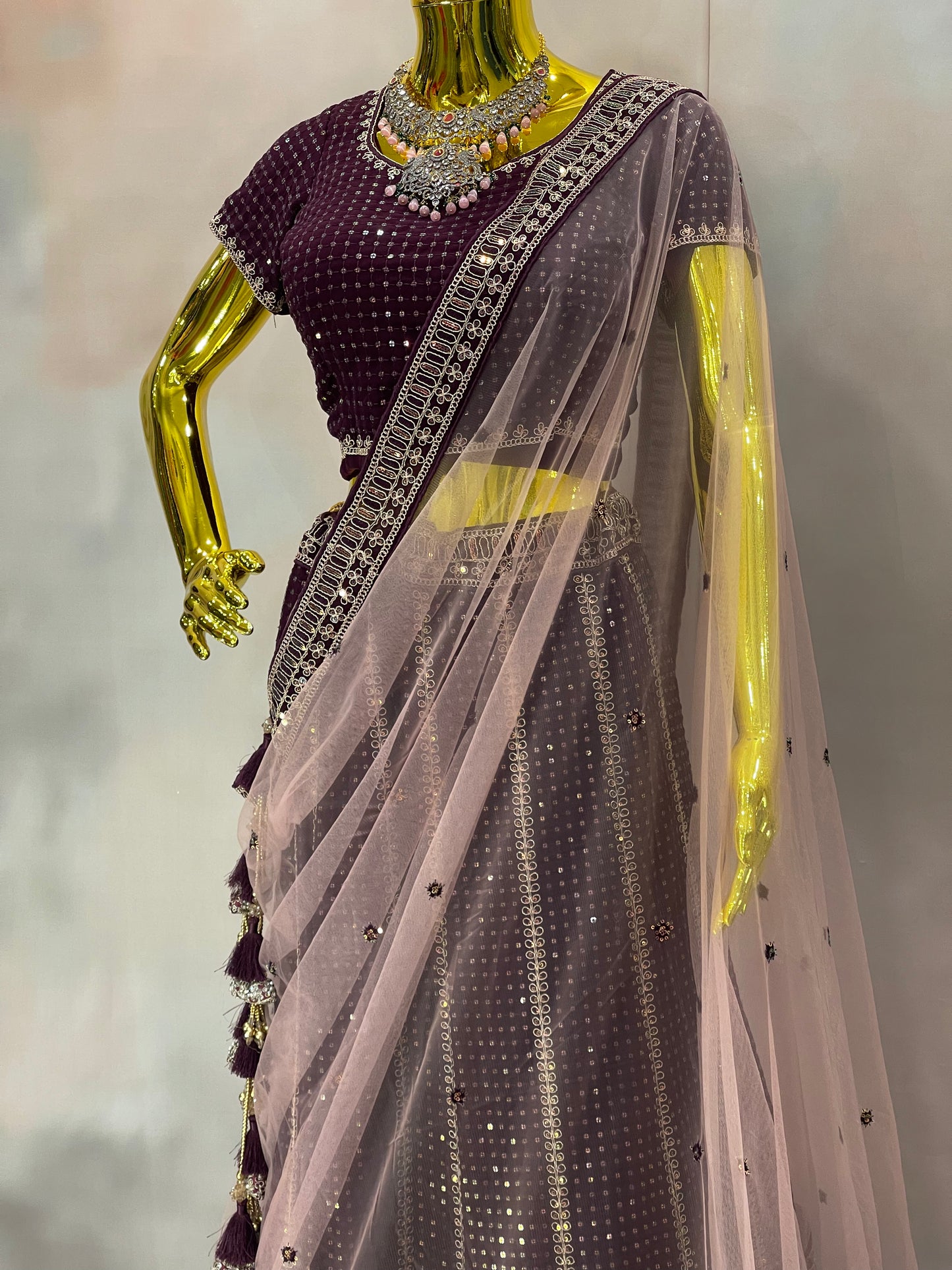 Garnet Glow – Wine Velvet Mirror Work Lehenga Set