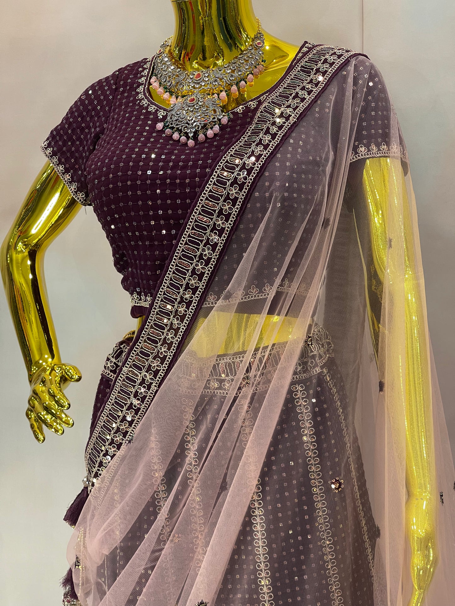 Garnet Glow – Wine Velvet Mirror Work Lehenga Set