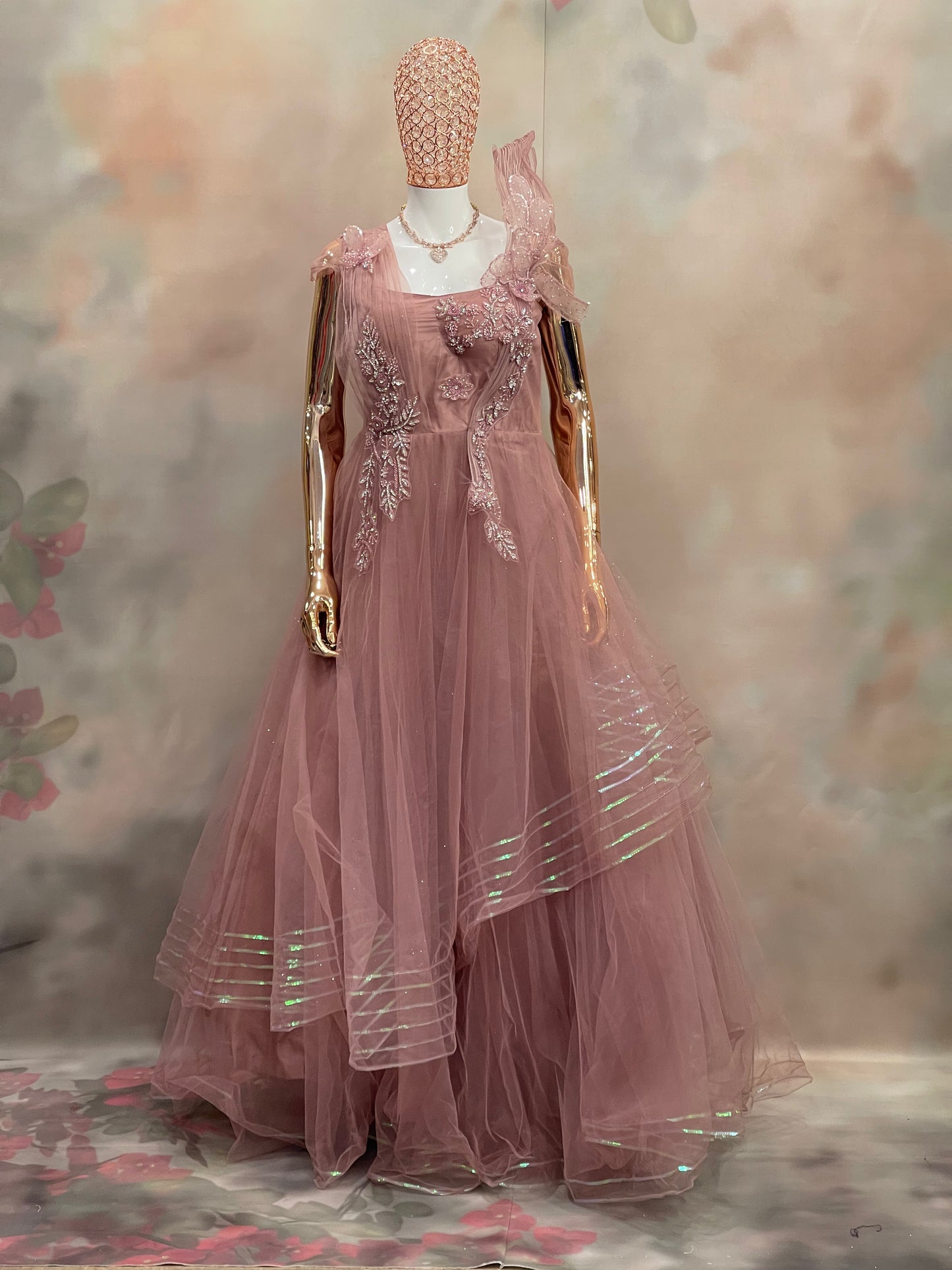 Rosewood Ruffle – Dusty Pink Embellished Gown