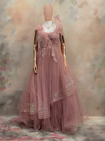 Rosewood Ruffle – Dusty Pink Embellished Gown
