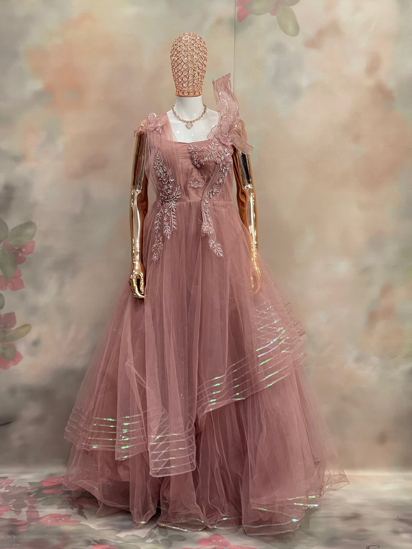 Rosewood Ruffle – Dusty Pink Embellished Gown