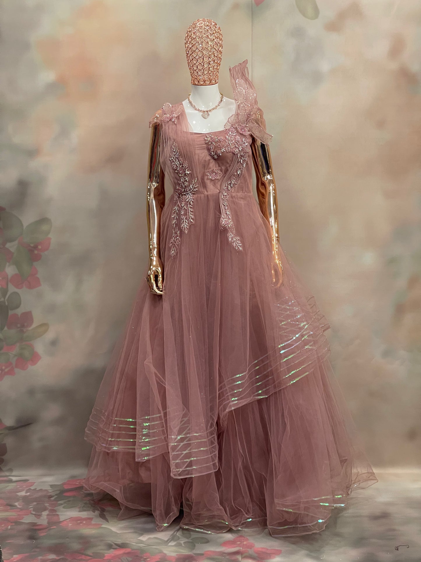 Rosewood Ruffle – Dusty Pink Embellished Gown