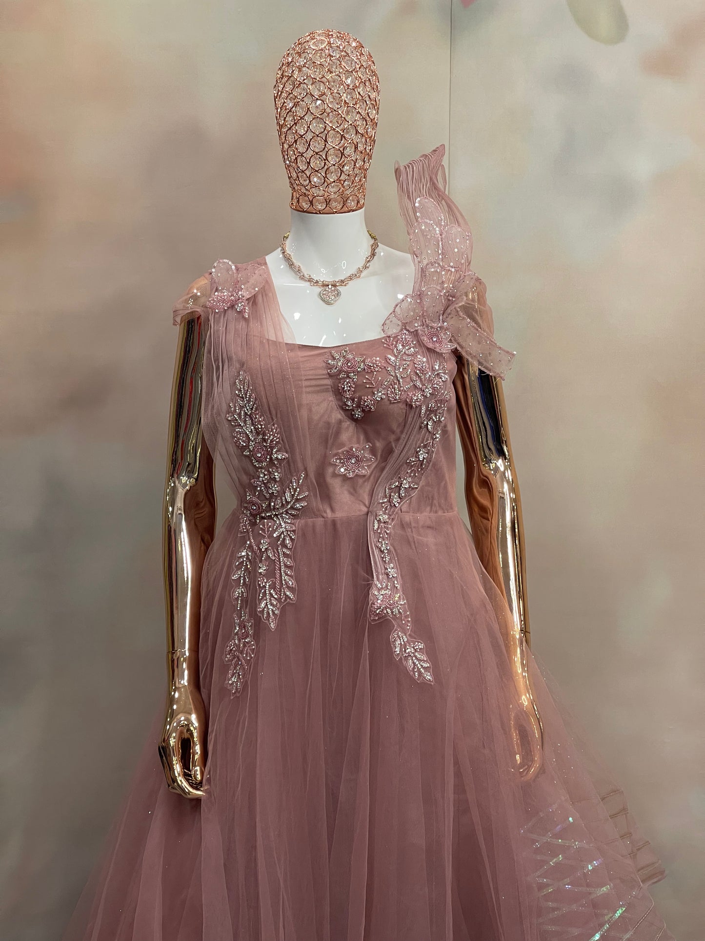 Rosewood Ruffle – Dusty Pink Embellished Gown