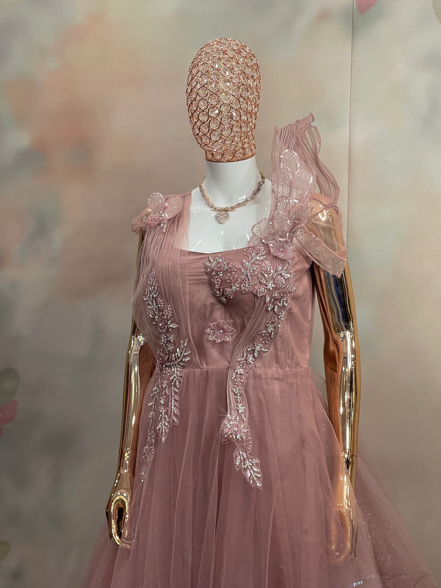 Rosewood Ruffle – Dusty Pink Embellished Gown