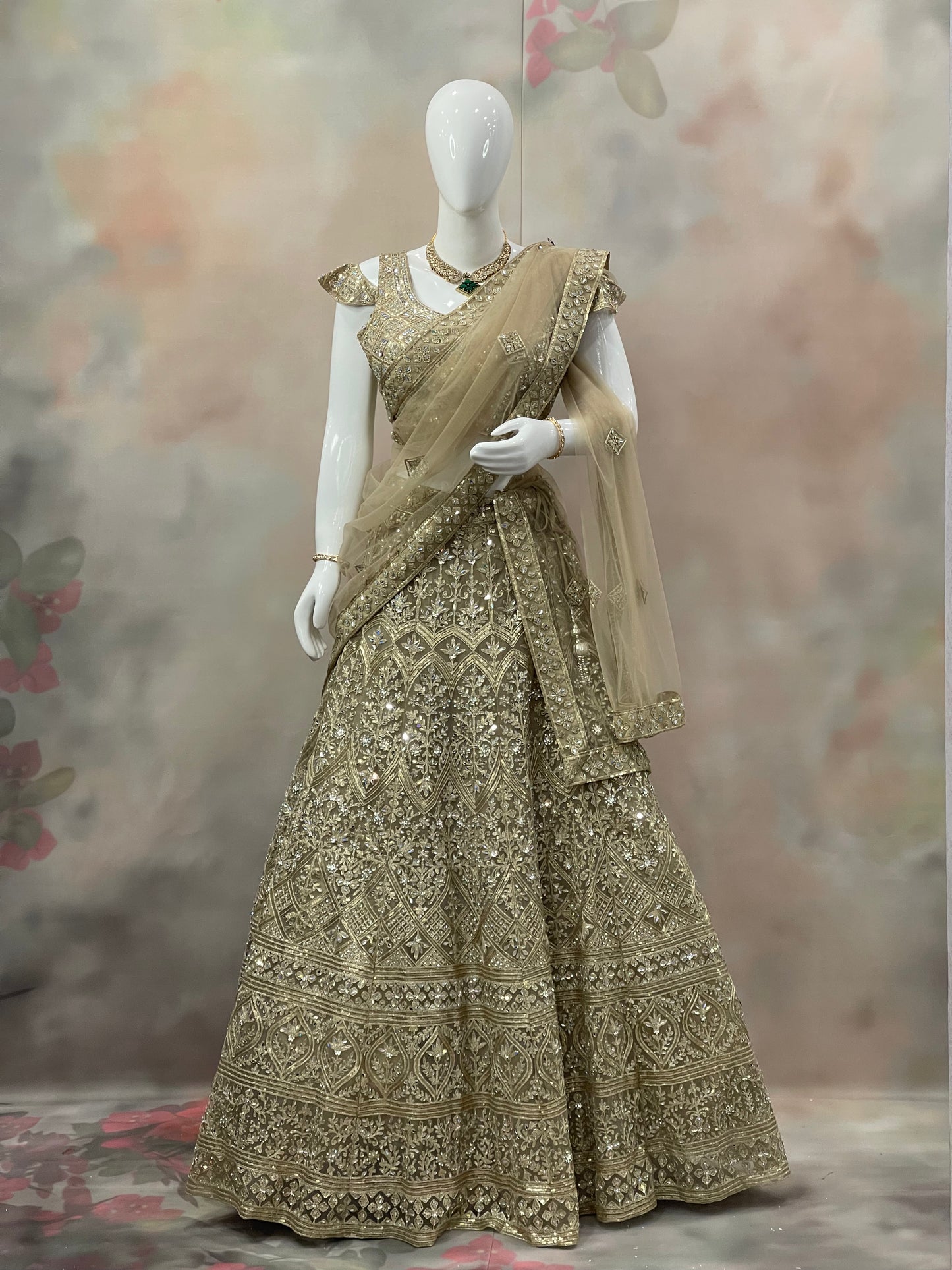 Golden Majesty – Beige Sequin Embroidered Lehenga