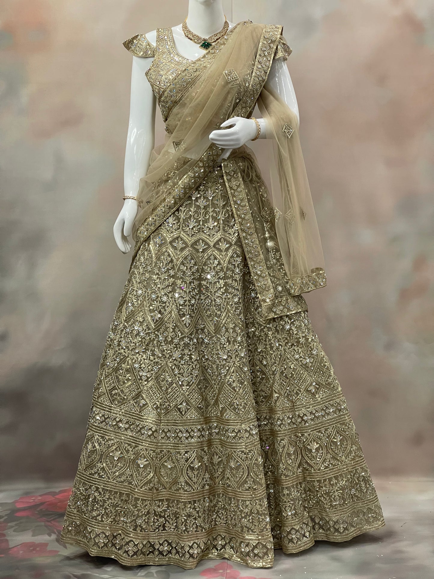 Golden Majesty – Beige Sequin Embroidered Lehenga