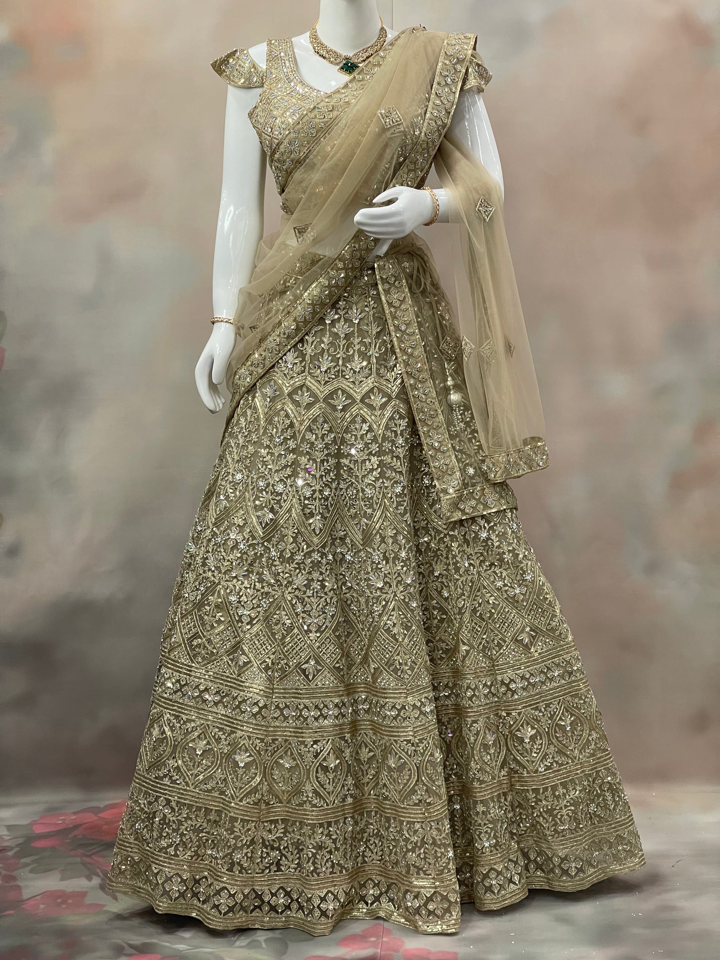 Golden Majesty – Beige Sequin Embroidered Lehenga