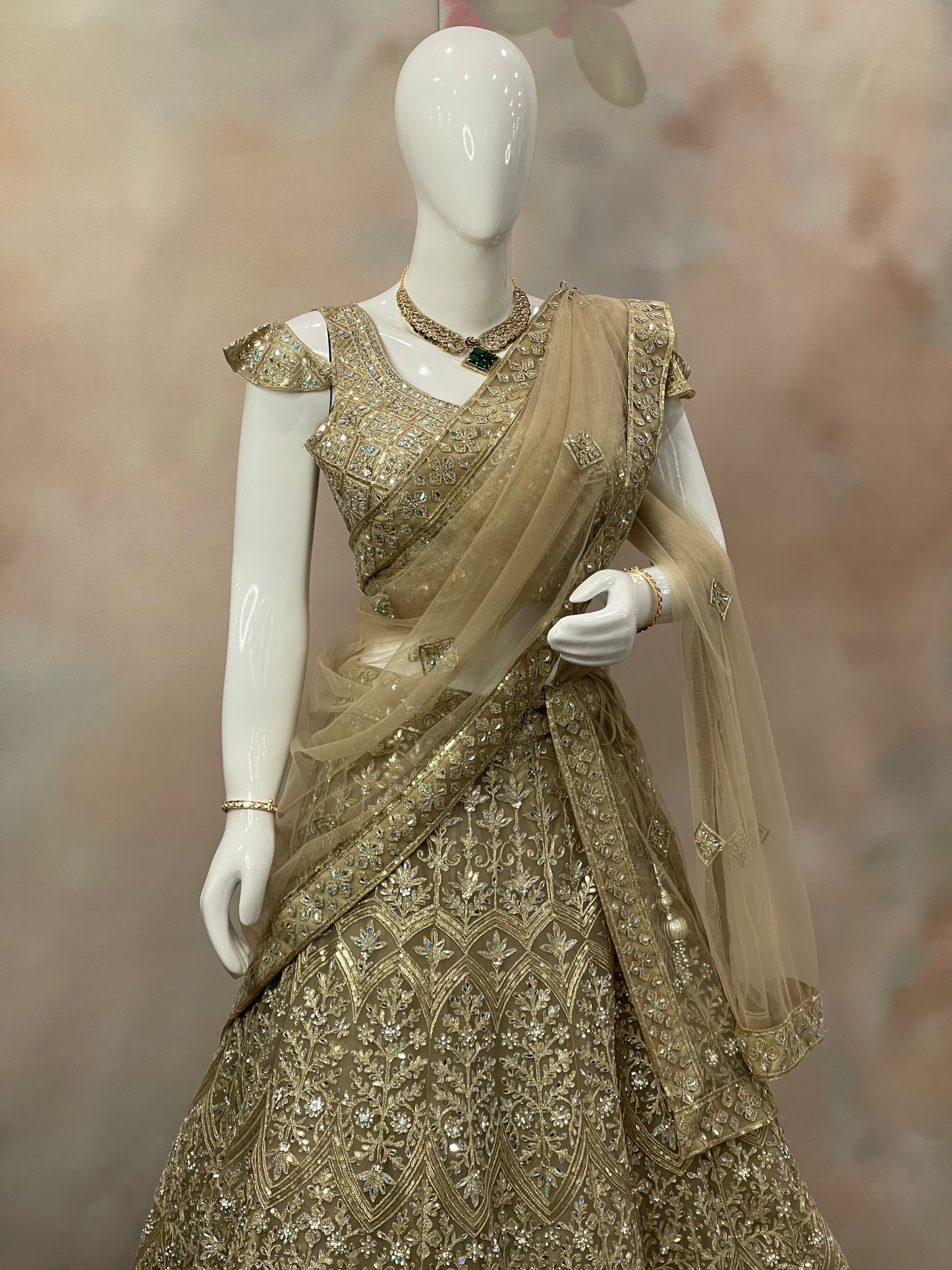 Golden Majesty – Beige Sequin Embroidered Lehenga
