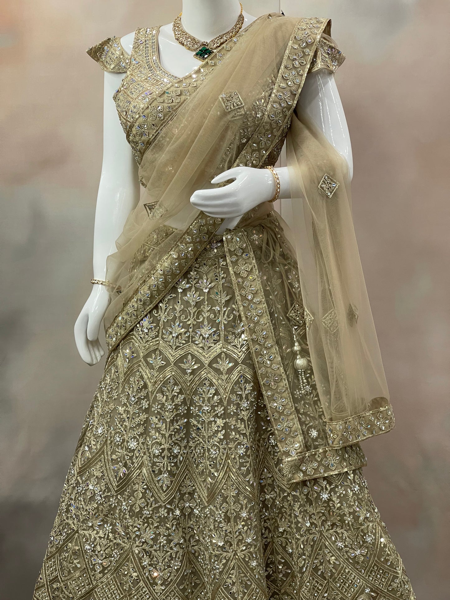 Golden Majesty – Beige Sequin Embroidered Lehenga