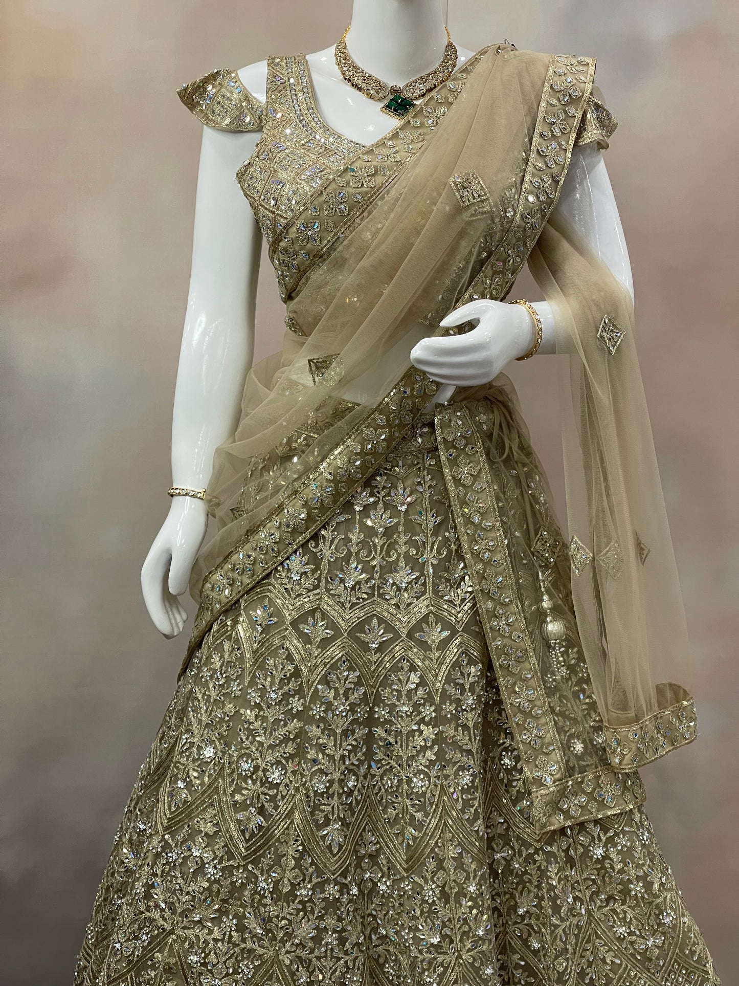 Golden Majesty – Beige Sequin Embroidered Lehenga