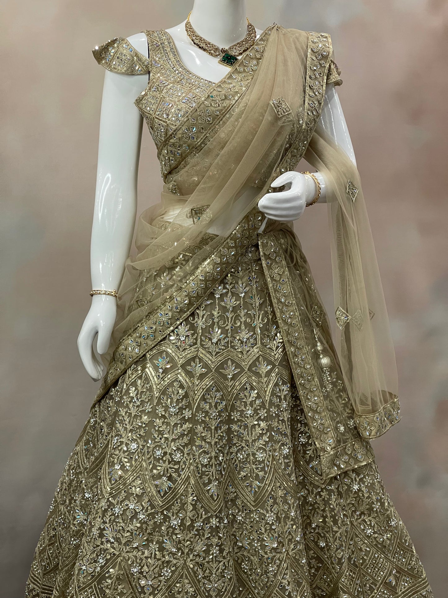 Golden Majesty – Beige Sequin Embroidered Lehenga