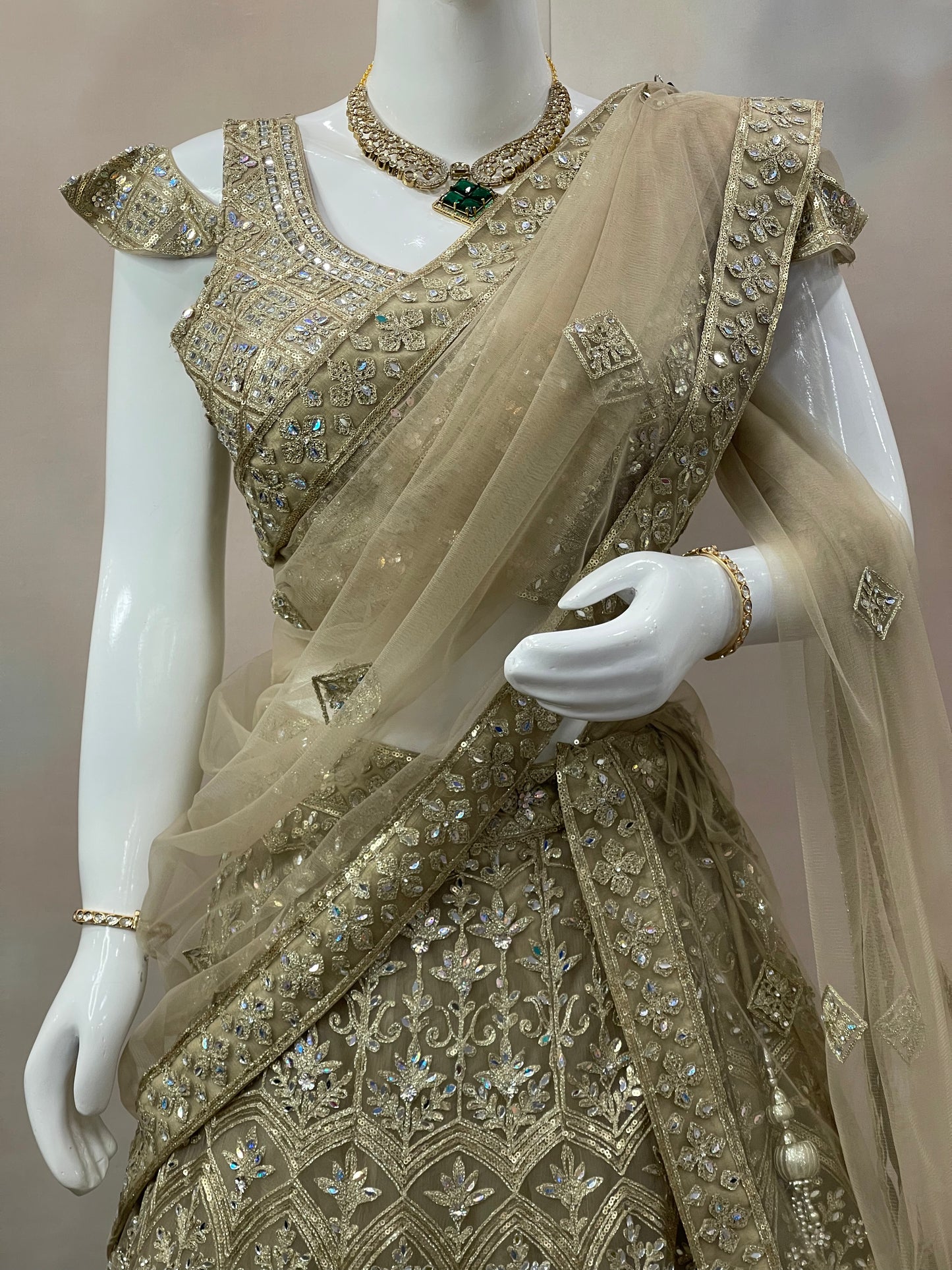 Golden Majesty – Beige Sequin Embroidered Lehenga