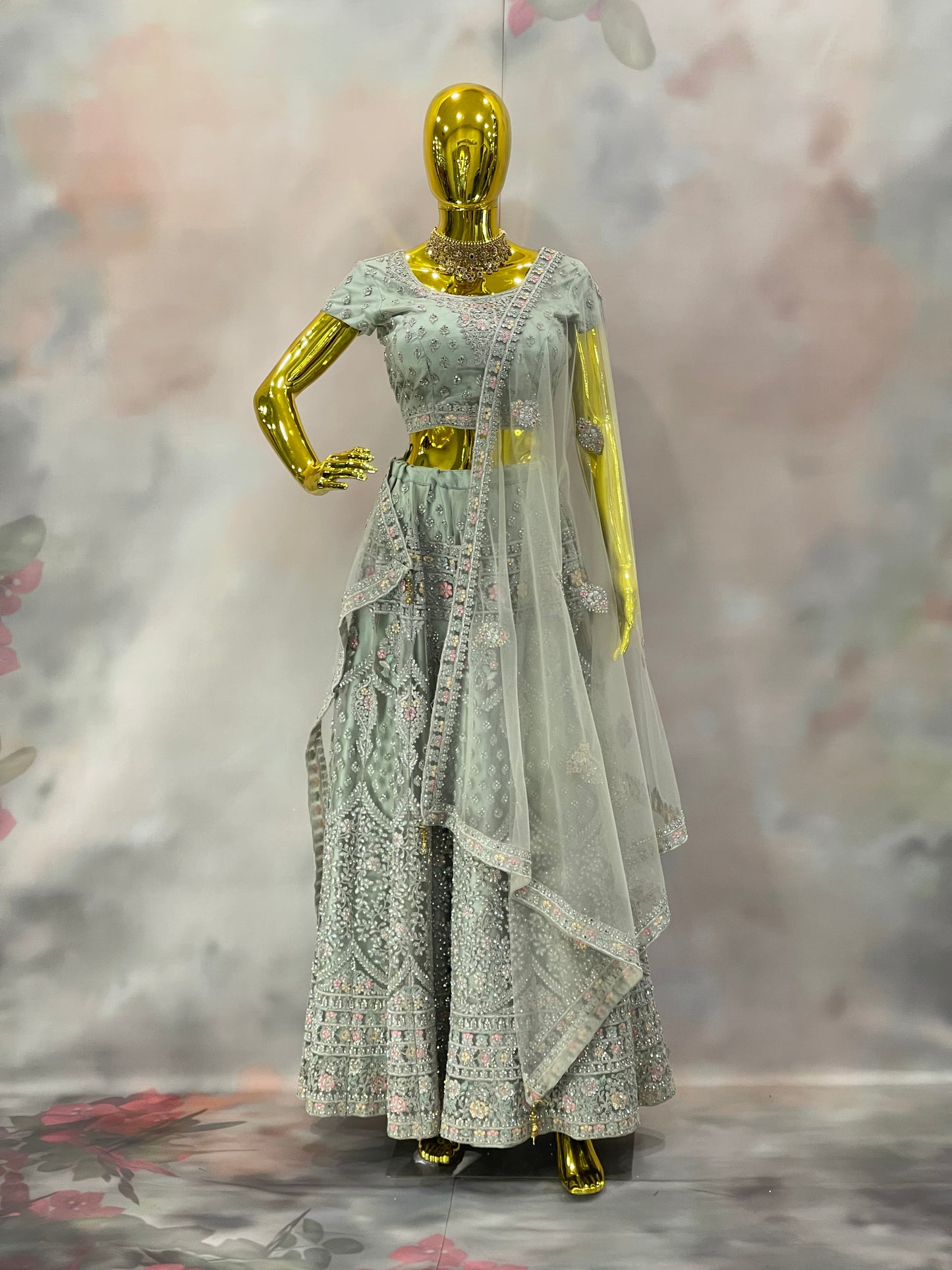 Silver Mist – Embroidered Green Lehenga with Sheer Dupatta