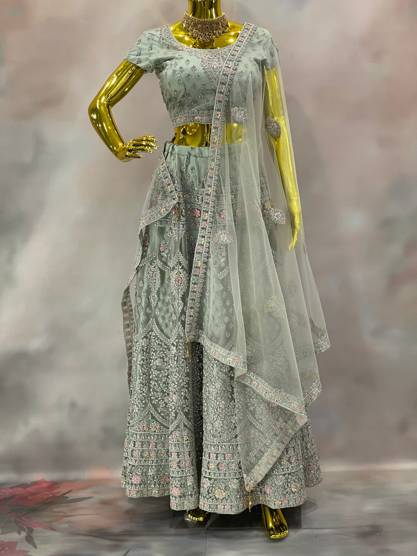 Silver Mist – Embroidered Green Lehenga with Sheer Dupatta