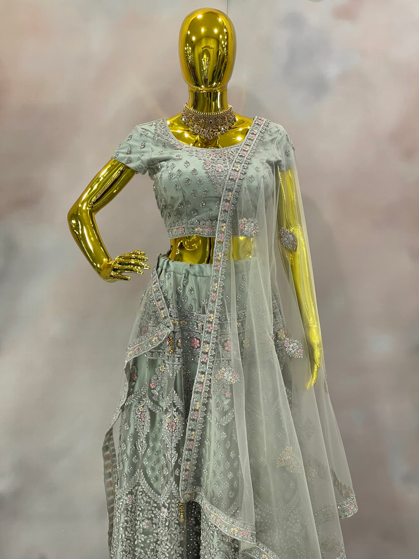 Silver Mist – Embroidered Green Lehenga with Sheer Dupatta