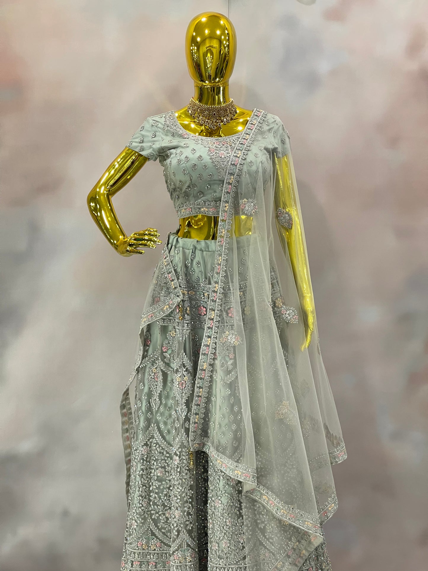 Silver Mist – Embroidered Green Lehenga with Sheer Dupatta