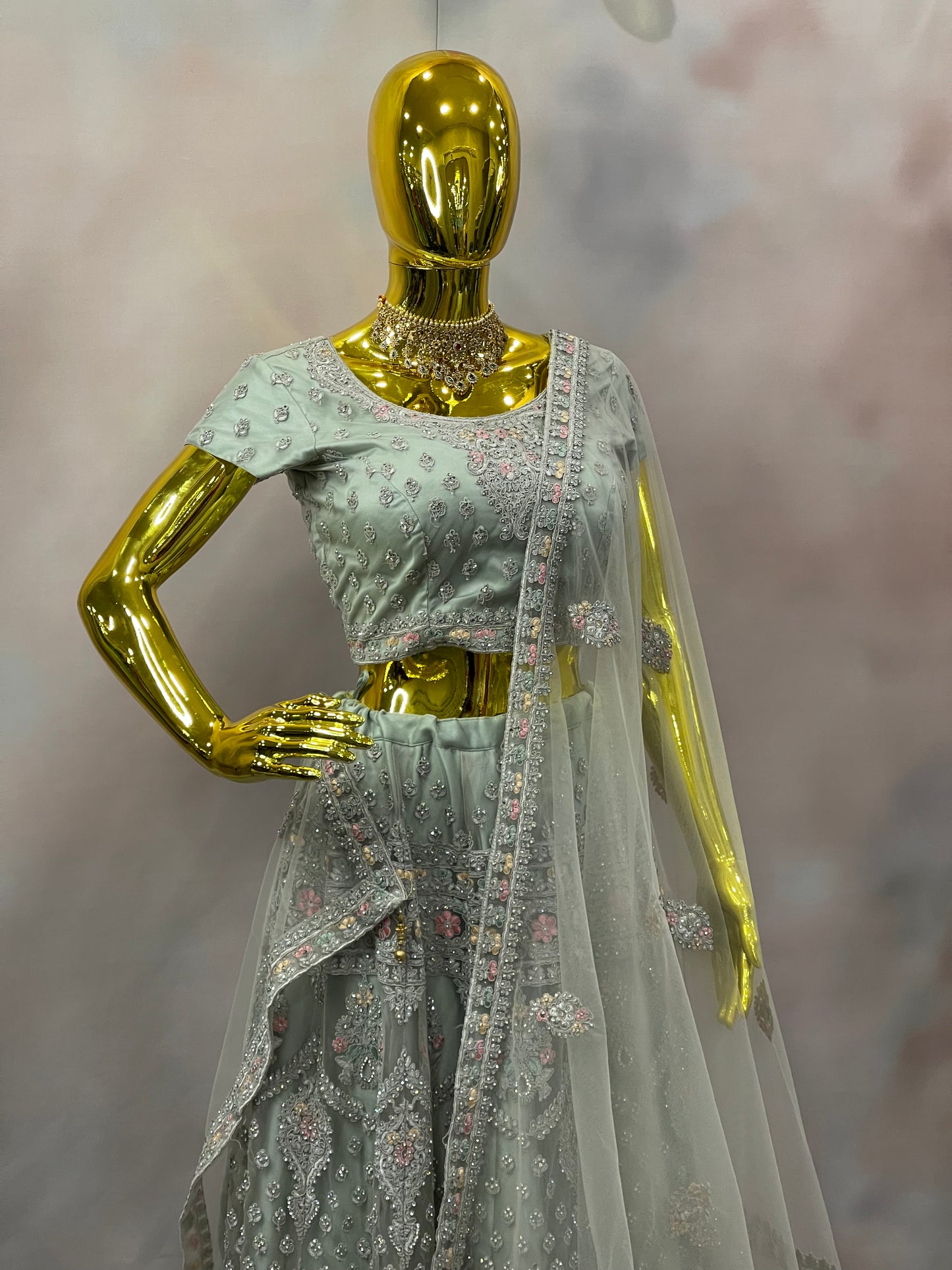 Frosted Elegance – Mint Green Embroidered Lehenga