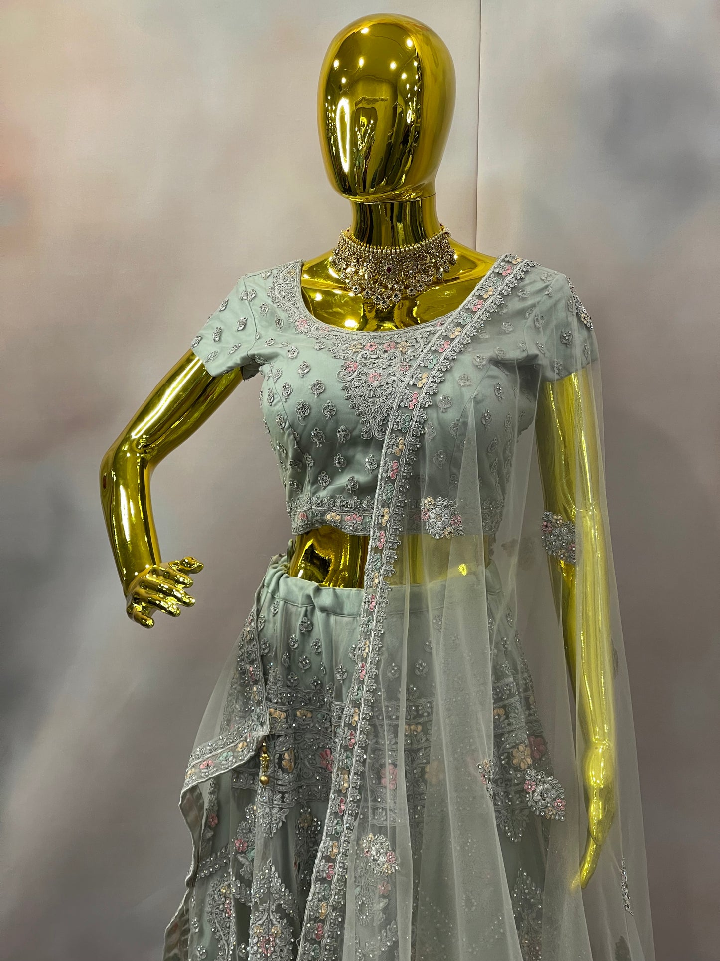 Frosted Elegance – Mint Green Embroidered Lehenga