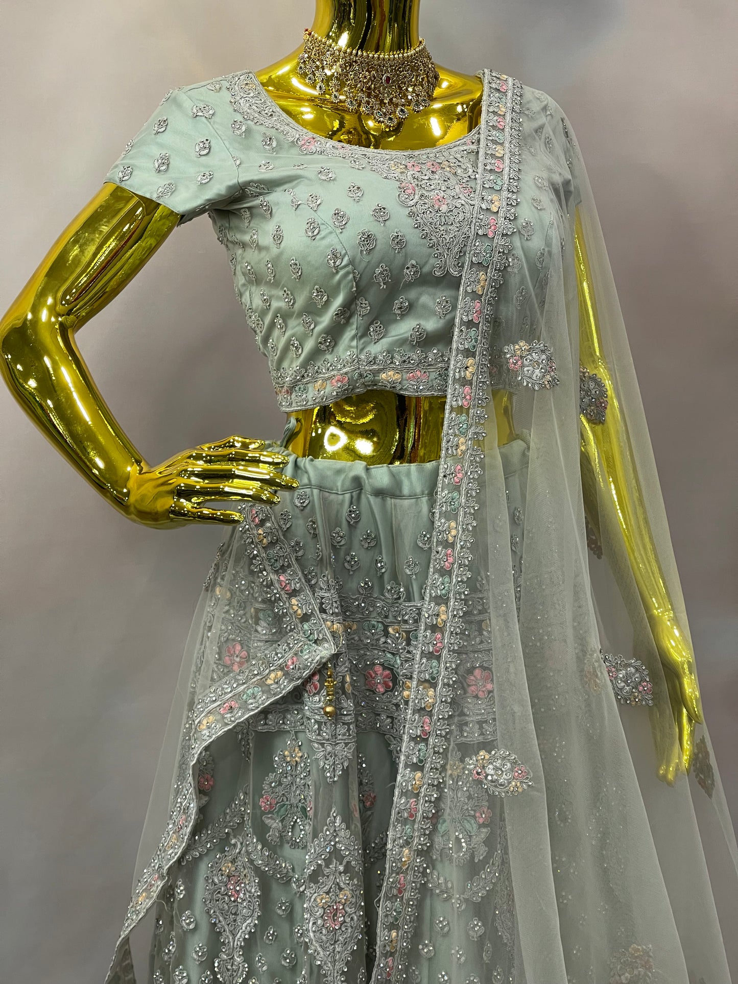 Frosted Elegance – Mint Green Embroidered Lehenga
