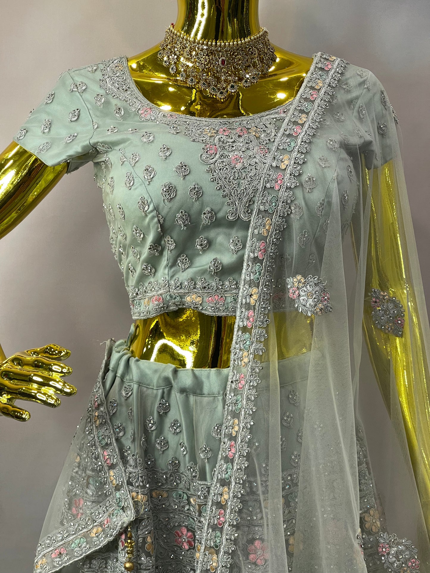 Silver Mist – Embroidered Green Lehenga with Sheer Dupatta