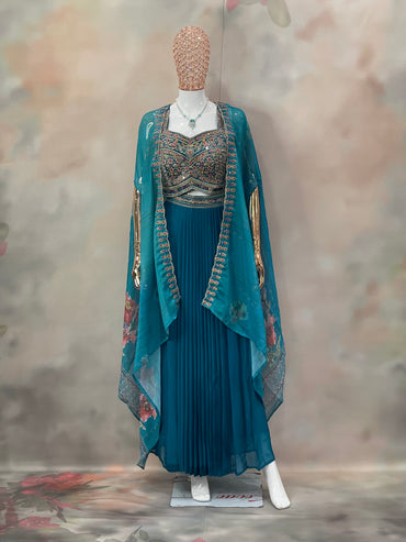 Teal Majesty – Embroidered Indo-Western Set
