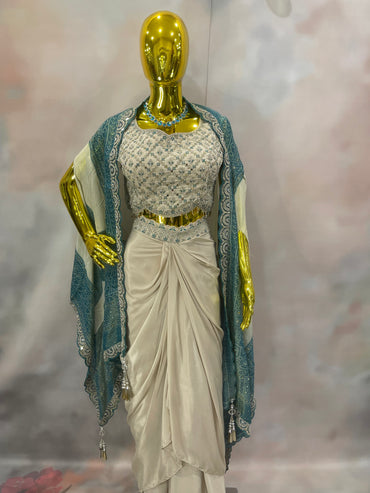 Ivory Grace – Pre-Draped Saree with Embroidered Blouse & Teal Dupatta