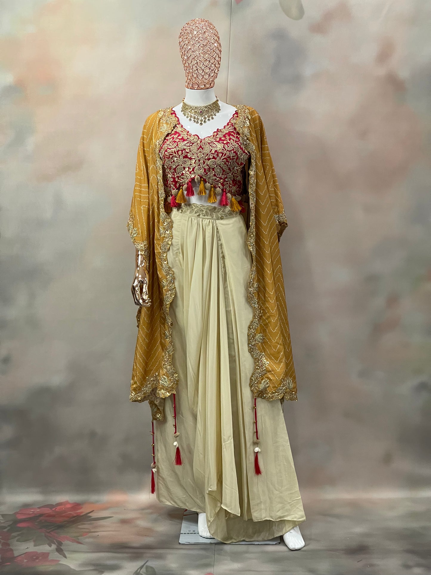 Mustard Charm – Pre-Draped Saree with Red Embroidered Blouse & Cape