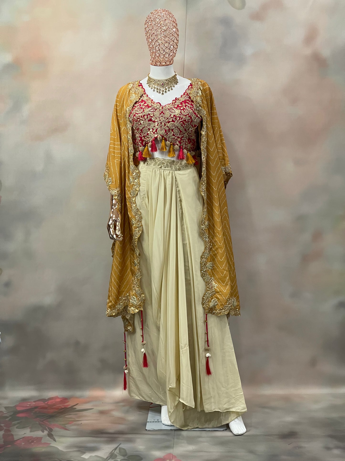 Mustard Charm – Pre-Draped Saree with Red Embroidered Blouse & Cape