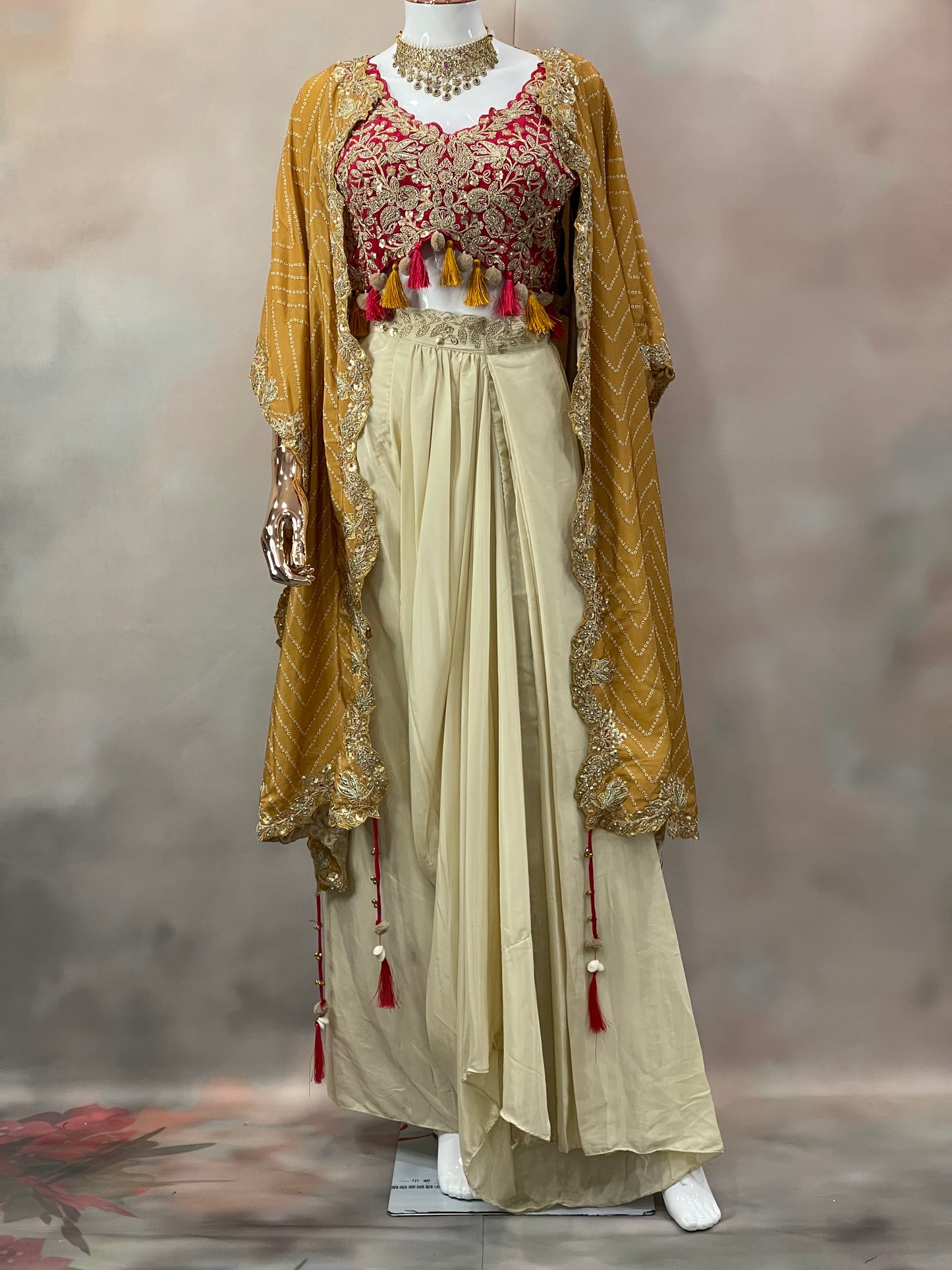 Mustard Charm – Pre-Draped Saree with Red Embroidered Blouse & Cape