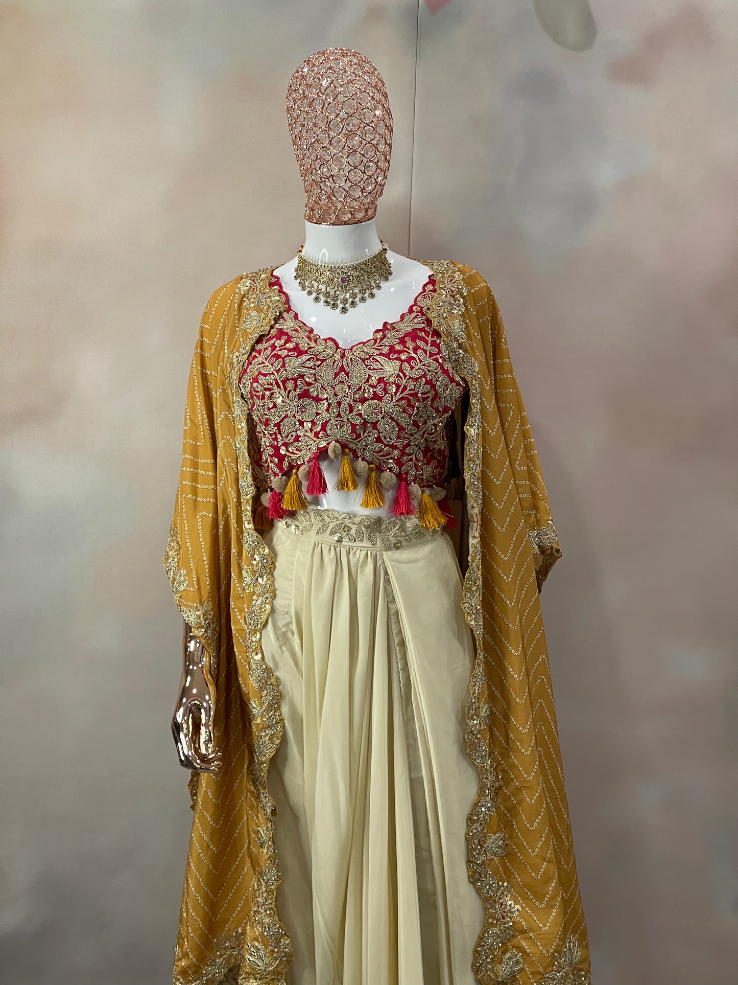 Mustard Charm – Pre-Draped Saree with Red Embroidered Blouse & Cape