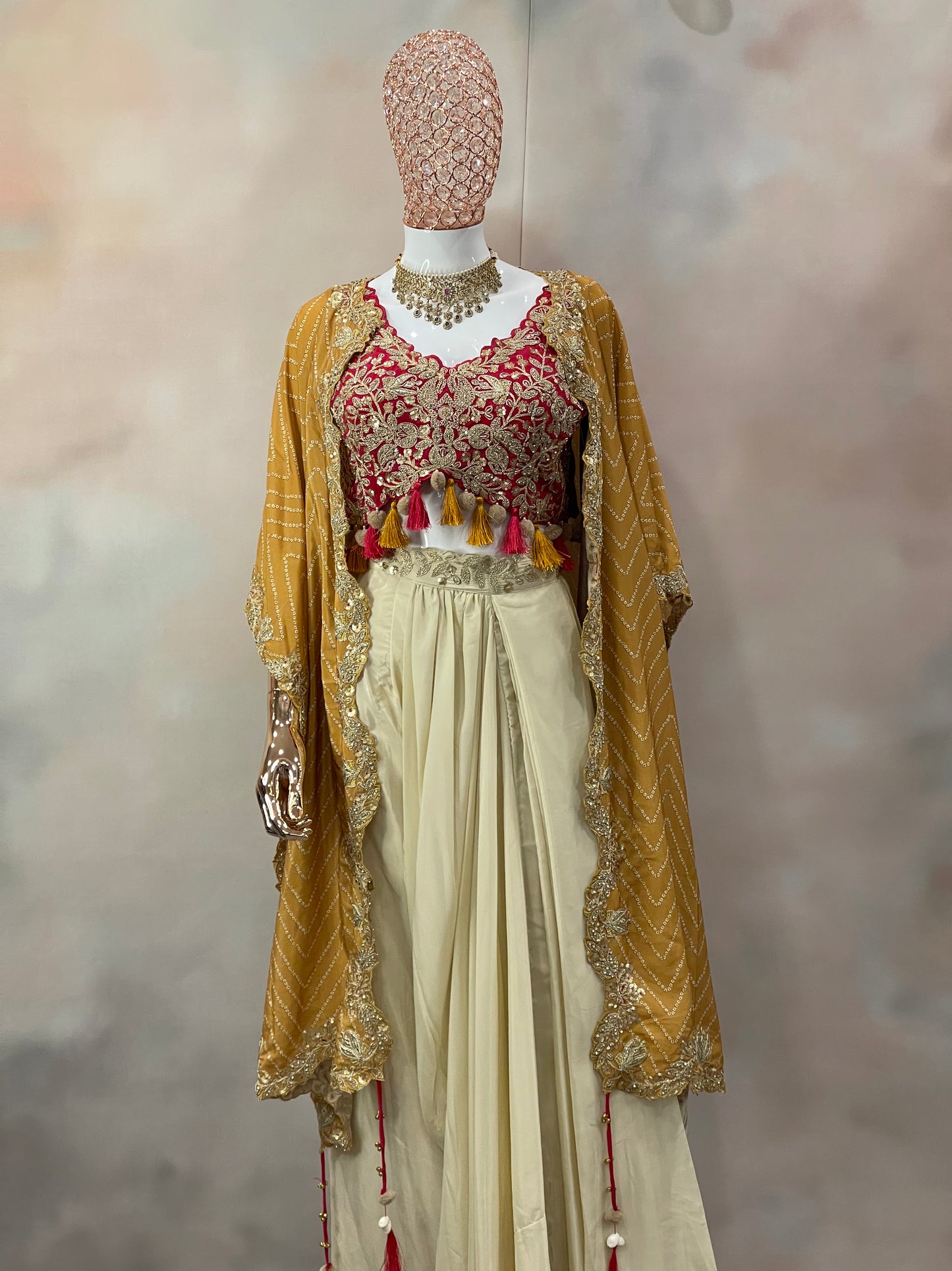 Mustard Charm – Pre-Draped Saree with Red Embroidered Blouse & Cape