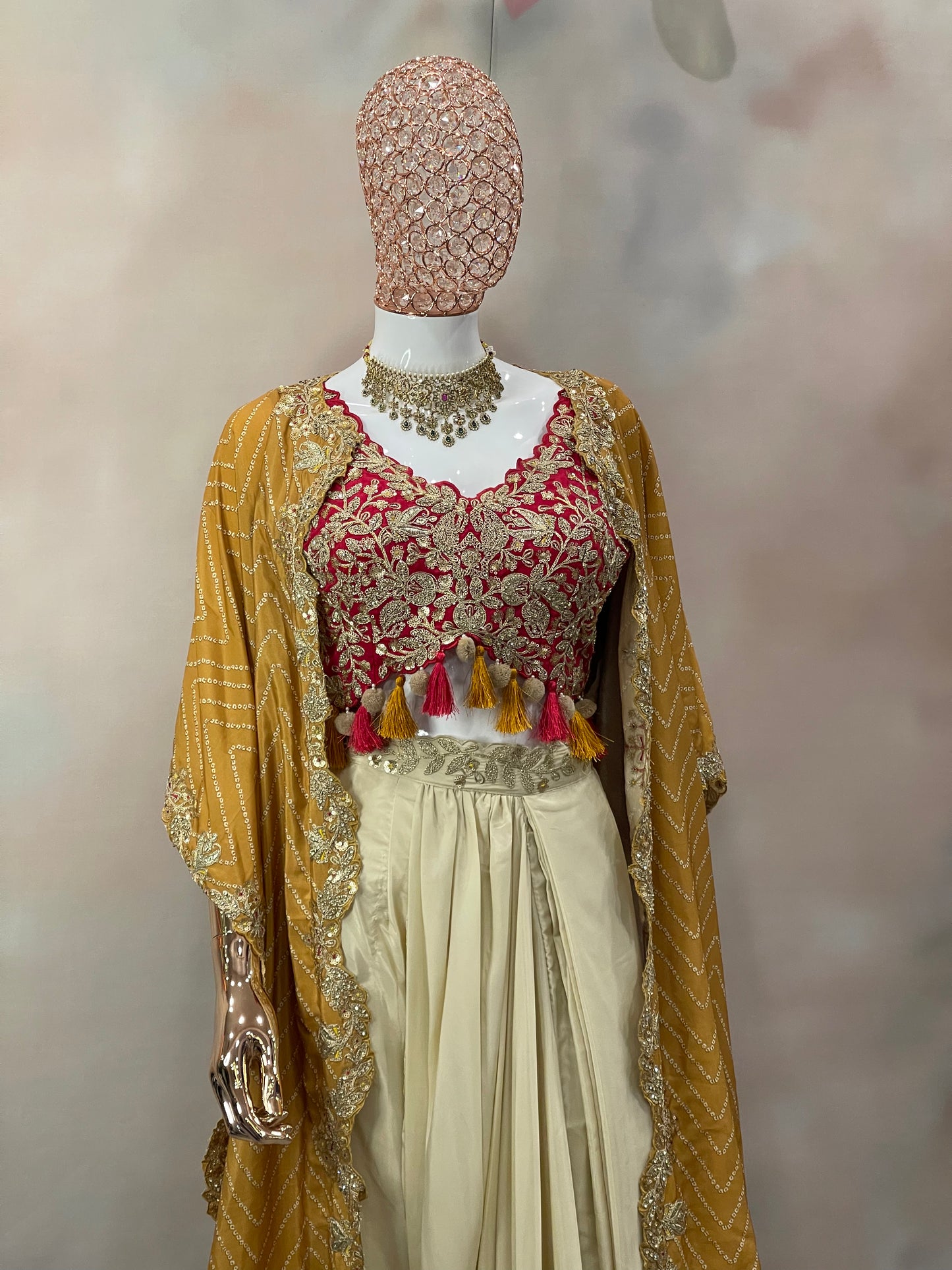 Mustard Charm – Pre-Draped Saree with Red Embroidered Blouse & Cape