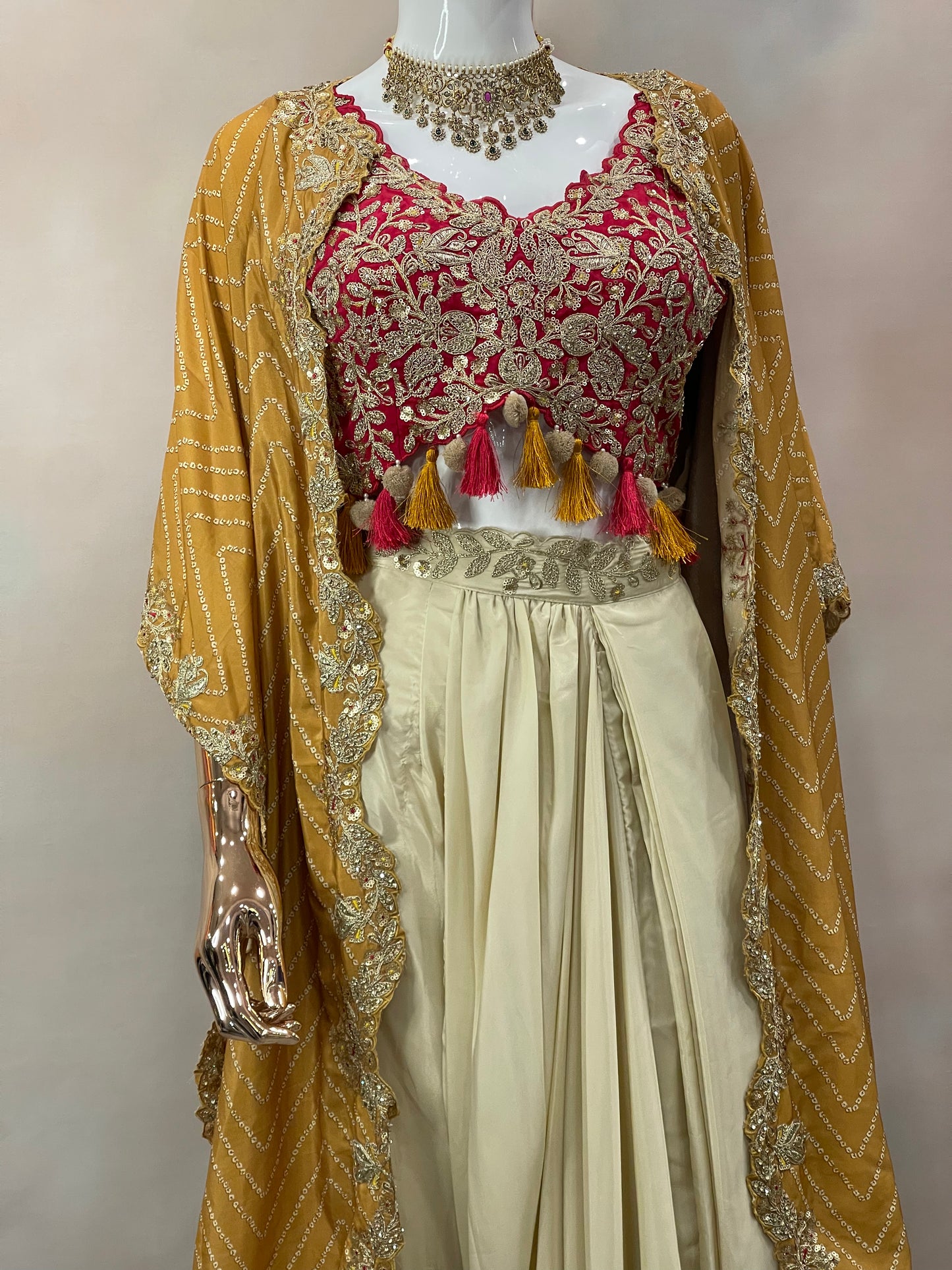 Mustard Charm – Pre-Draped Saree with Red Embroidered Blouse & Cape