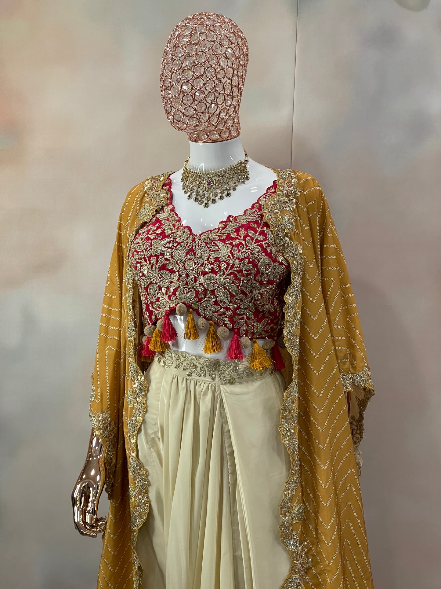 Mustard Charm – Pre-Draped Saree with Red Embroidered Blouse & Cape