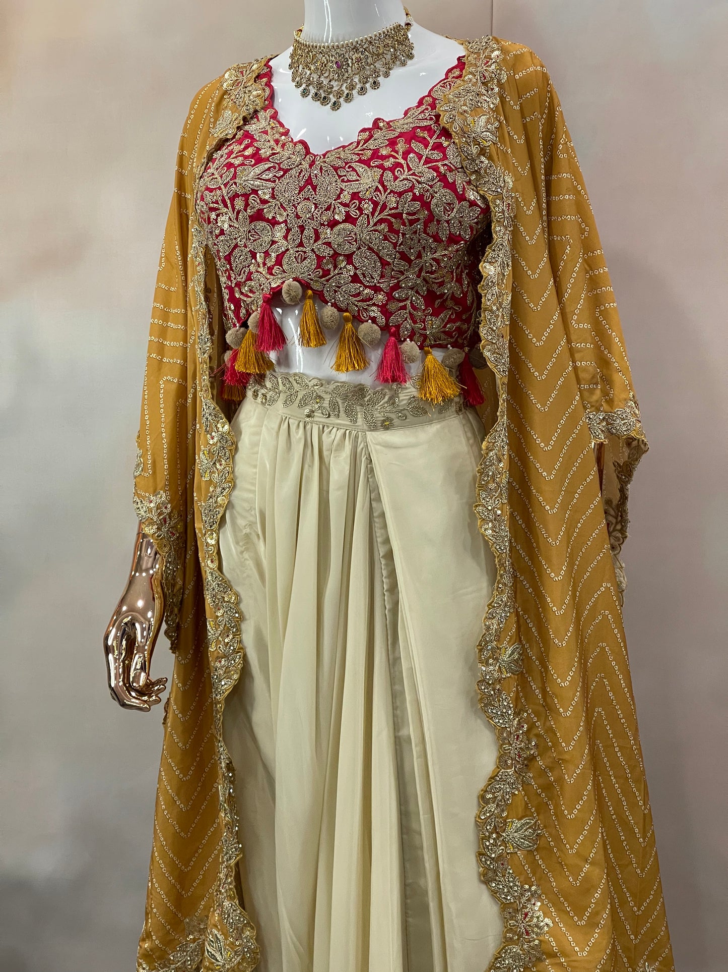 Mustard Charm – Pre-Draped Saree with Red Embroidered Blouse & Cape