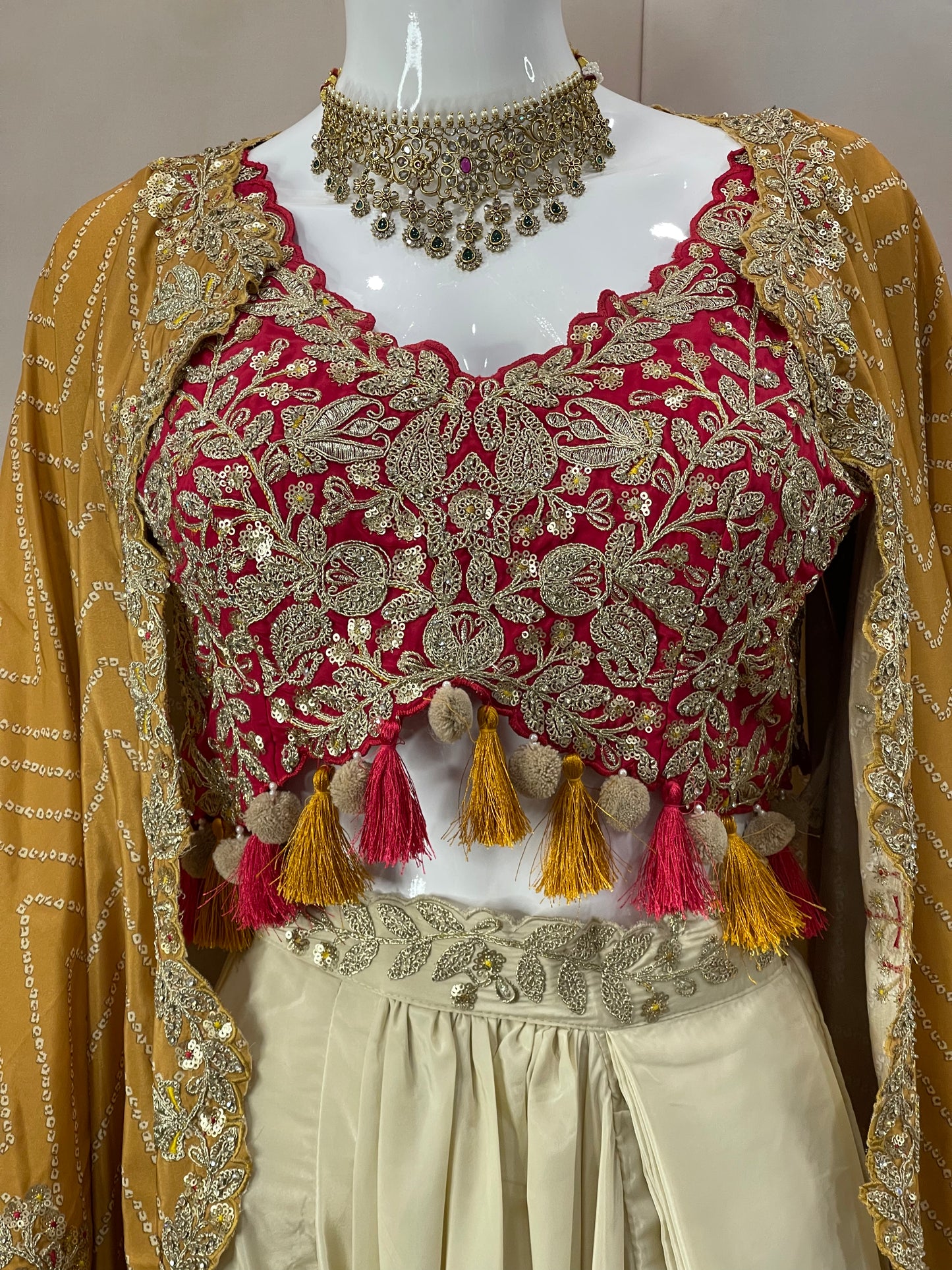 Mustard Charm – Pre-Draped Saree with Red Embroidered Blouse & Cape