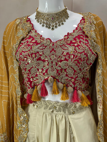 Mustard Charm – Pre-Draped Saree with Red Embroidered Blouse & Cape